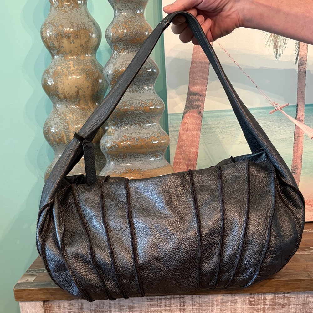 Aqua Madonna grey, and black Pleated Leather Shoulder Bag beautiful